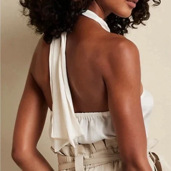 NWT Banana Republic White Tie Neck Open Back Silky Halter Top Snow Day Size XS - Picture 2 of 10
